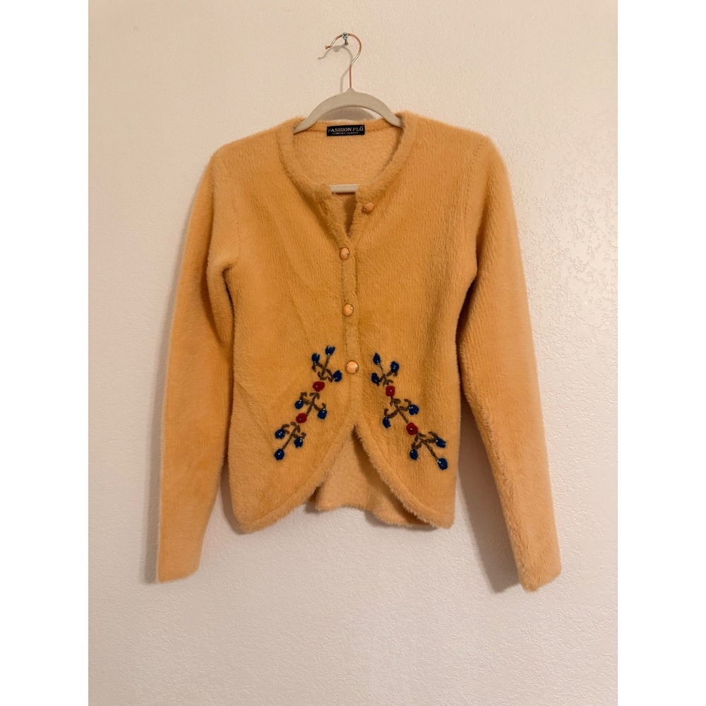 Fashion Flo Peach Fuzzy‎ Knit Embroidered Beaded Floral Cardigan Sweater vintage